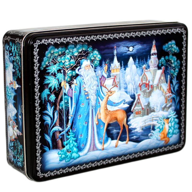 Сладкий новогодний подарок в жестяной упаковке весом 800 грамм